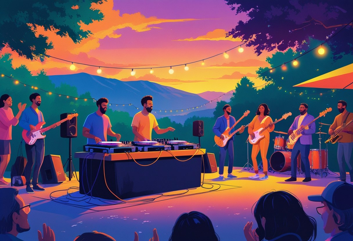 A DJ and live band performing on an outdoor stage with musicians playing instruments and an audience enjoying the music at sunset.