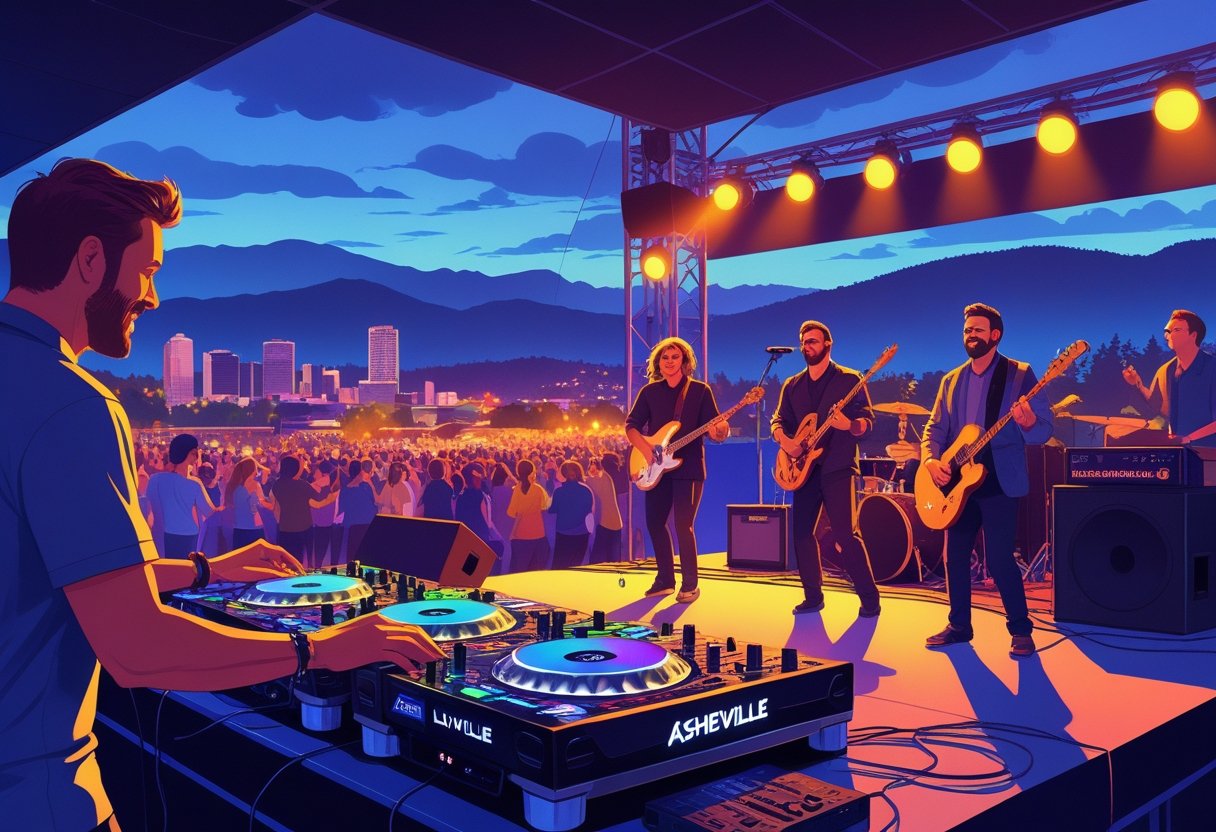 A DJ and a live band performing on stage with a crowd watching, set against a backdrop of mountains and city skyline at twilight.