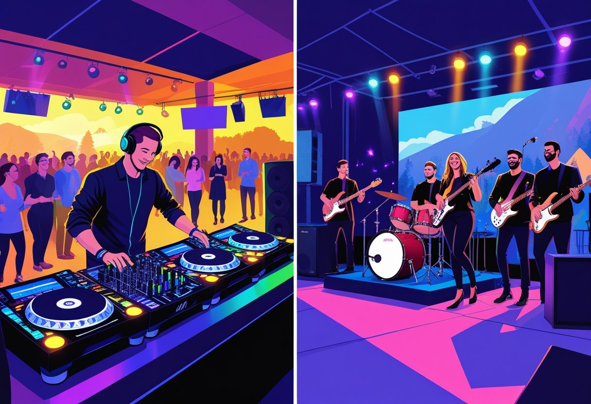 A lively event scene showing a DJ mixing music on one side and a live band performing on stage on the other, with an audience enjoying the event.