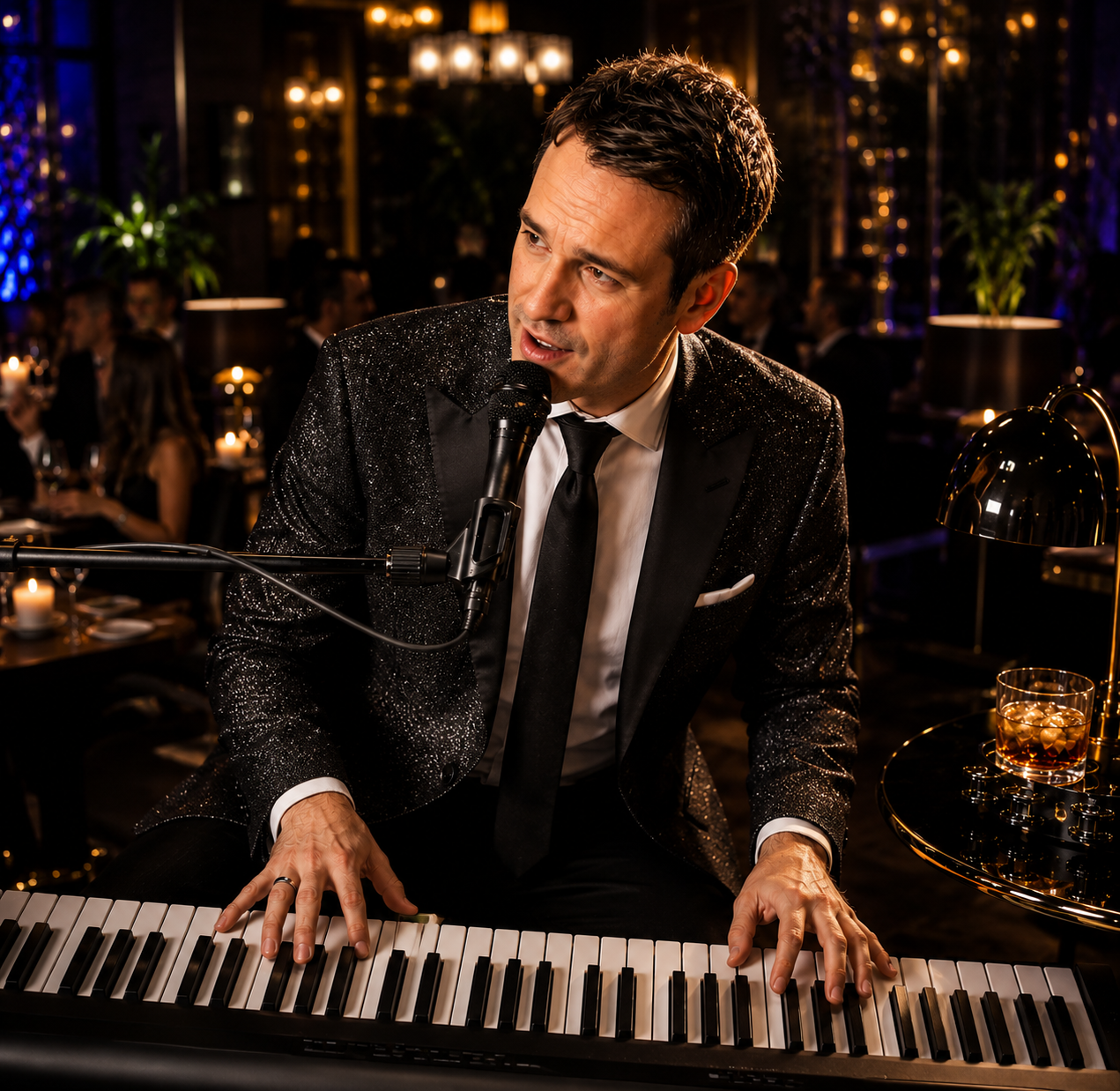 Live musician singing and performing at the piano